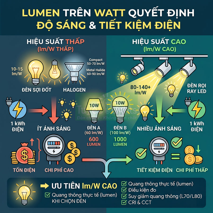 So sánh hiệu suất đèn sợi đốt, halogen, compact với đèn LED ray về lumen trên watt và khả năng tiết kiệm điện